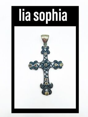 Vintage Lia Sophia Signed Gunmetal Gray Cross Pendant